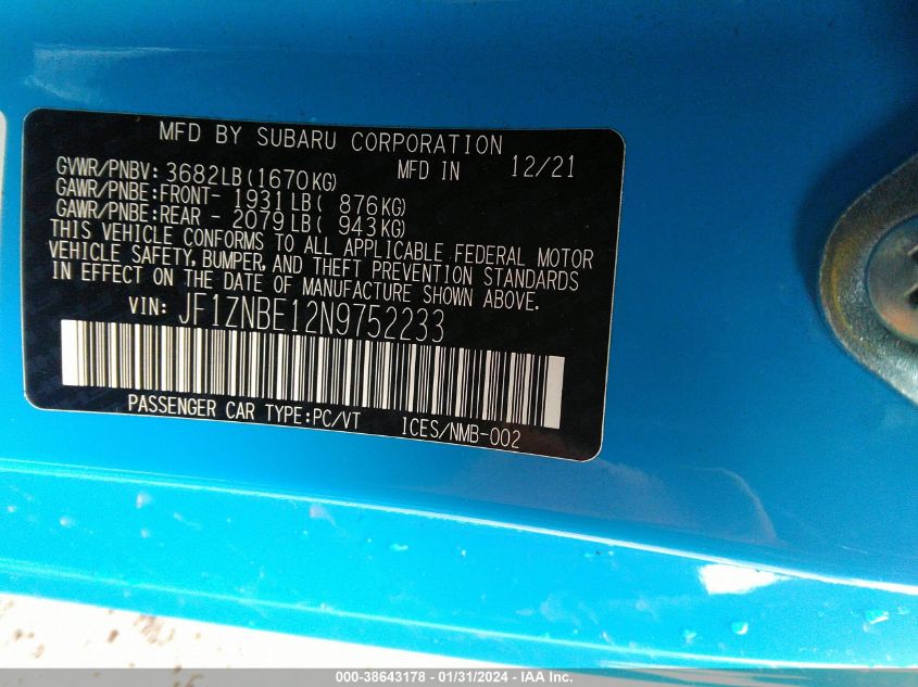 2022 TOYOTA GR86 PREMIUM JF1ZNBE12N9752233