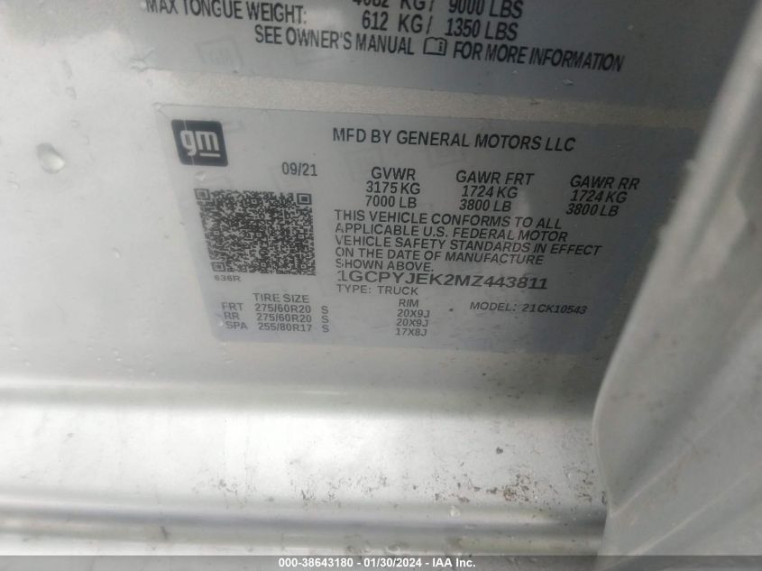 2021 CHEVROLET SILVERADO 1500 4WD  SHORT BED LT WITH 2FL - 1GCPYJEK2MZ443811