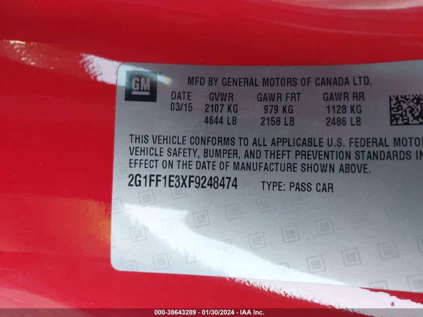 2015 CHEVROLET CAMARO LT - 2G1FF1E3XF9248474