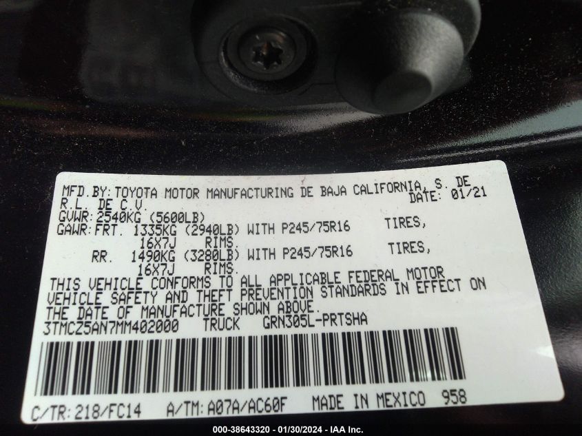 2021 TOYOTA TACOMA DOUBLE CAB/SR/SR5/TRD SPO - 3TMCZ5AN7MM402000