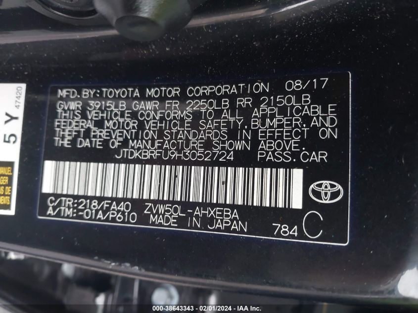 2017 TOYOTA PRIUS - JTDKBRFU9H3052724