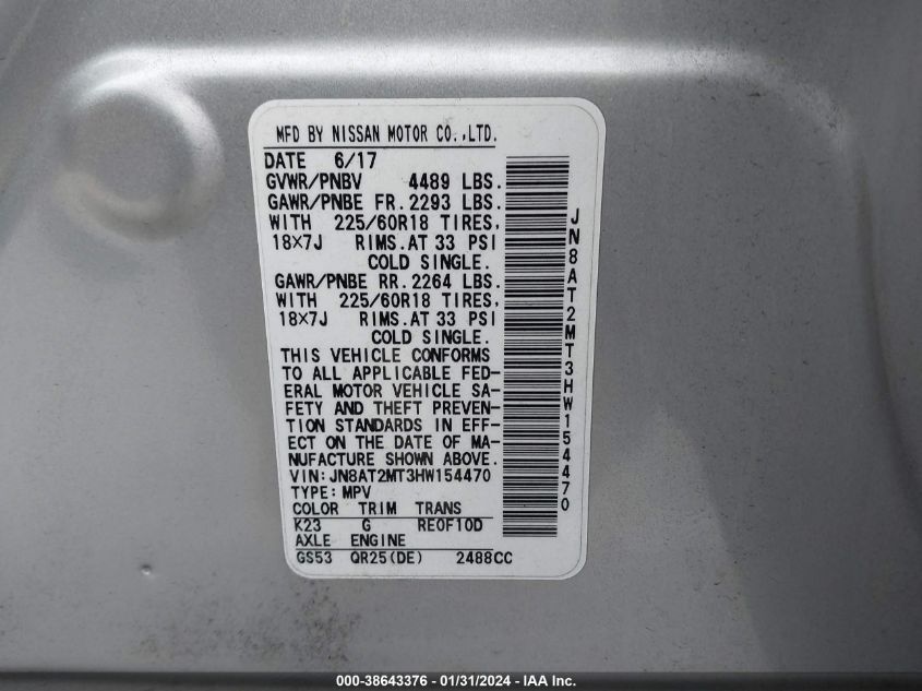2017 NISSAN ROGUE SL - JN8AT2MT3HW154470