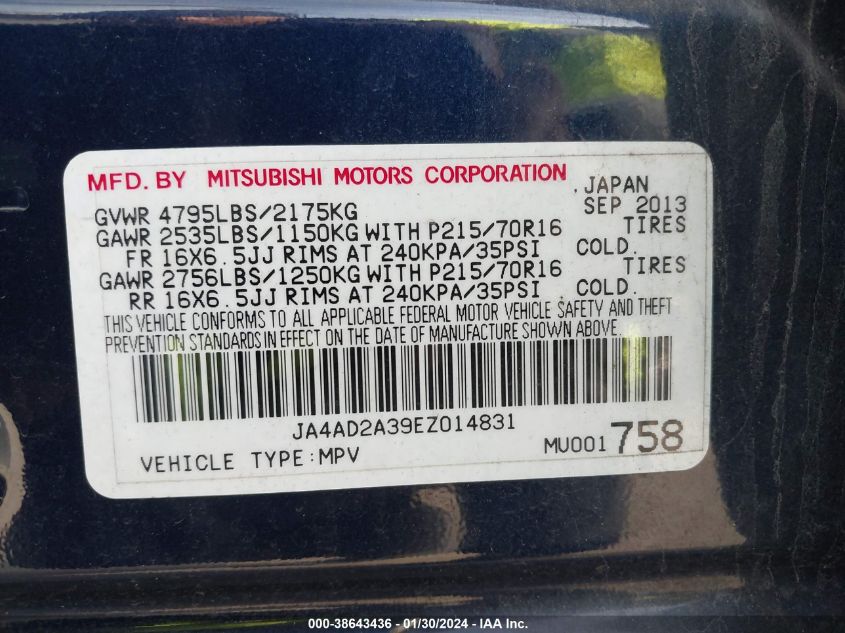 2014 MITSUBISHI OUTLANDER ES - JA4AD2A39EZ014831