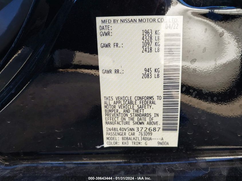 2022 NISSAN ALTIMA SV - 1N4BL4DV5NN372687