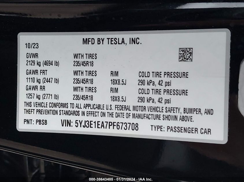 2023 TESLA MODEL 3 - 5YJ3E1EA7PF673708