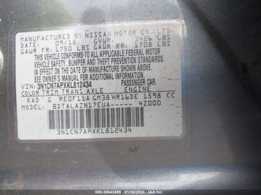 2019 NISSAN VERSA 1.6 S+ - 3N1CN7APXKL812434