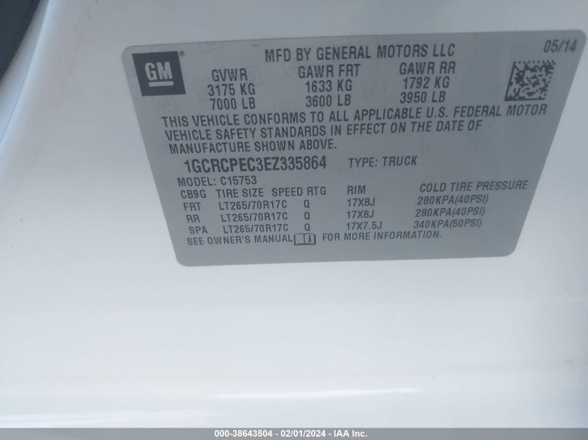 2014 CHEVROLET SILVERADO 1500 WORK TRUCK 1WT - 1GCRCPEC3EZ335864
