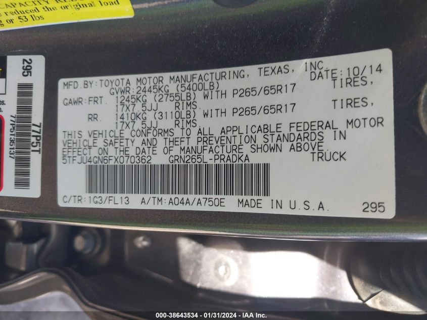 2015 TOYOTA TACOMA PRERUNNER V6 - 5TFJU4GN6FX070362