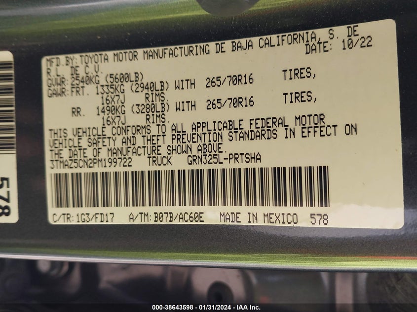 VIN 3TMAZ5CN2PM199722 2023 TOYOTA TACOMA TRD OFF ROAD
