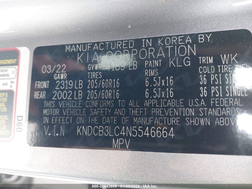 2022 KIA NIRO LX/LXS/LXS SE - KNDCB3LC4N5546664