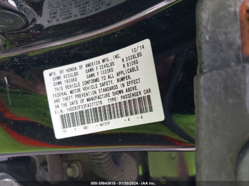 2015 HONDA ACCORD LX - 1HGCR2F33FA077076