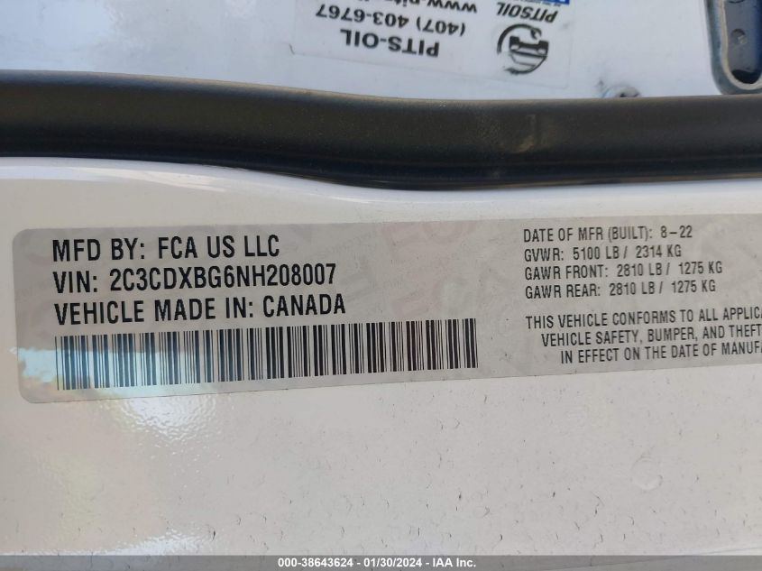 2022 DODGE CHARGER SXT RWD - 2C3CDXBG6NH208007