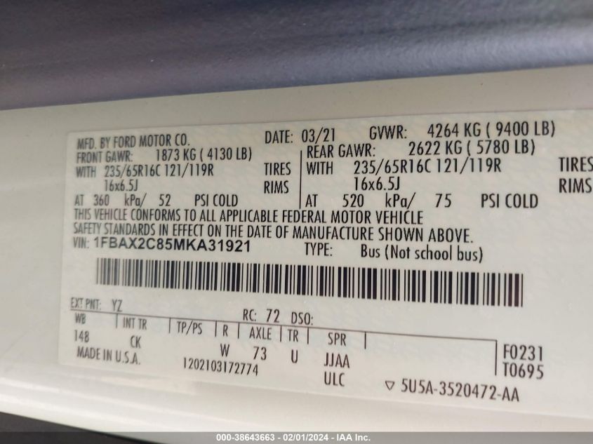 2021 FORD TRANSIT-350 PASSENGER VAN XLT - 1FBAX2C85MKA31921