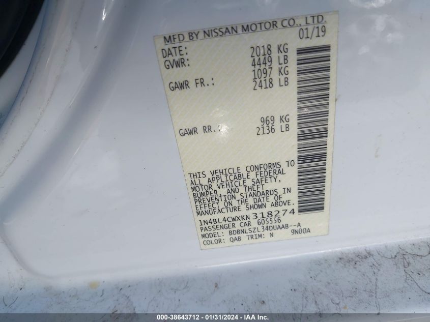 2019 NISSAN ALTIMA 2.5 SR - 1N4BL4CWXKN318274