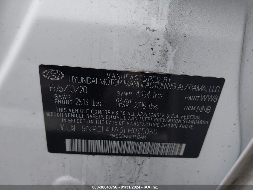 2020 HYUNDAI SONATA SEL - 5NPEL4JA0LH035060