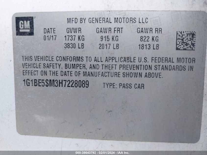 2017 CHEVROLET CRUZE LT AUTO - 1G1BE5SM3H7228089