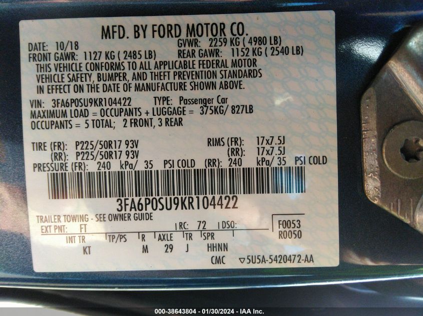 2019 FORD FUSION ENERGI TITANIUM - 3FA6P0SU9KR104422