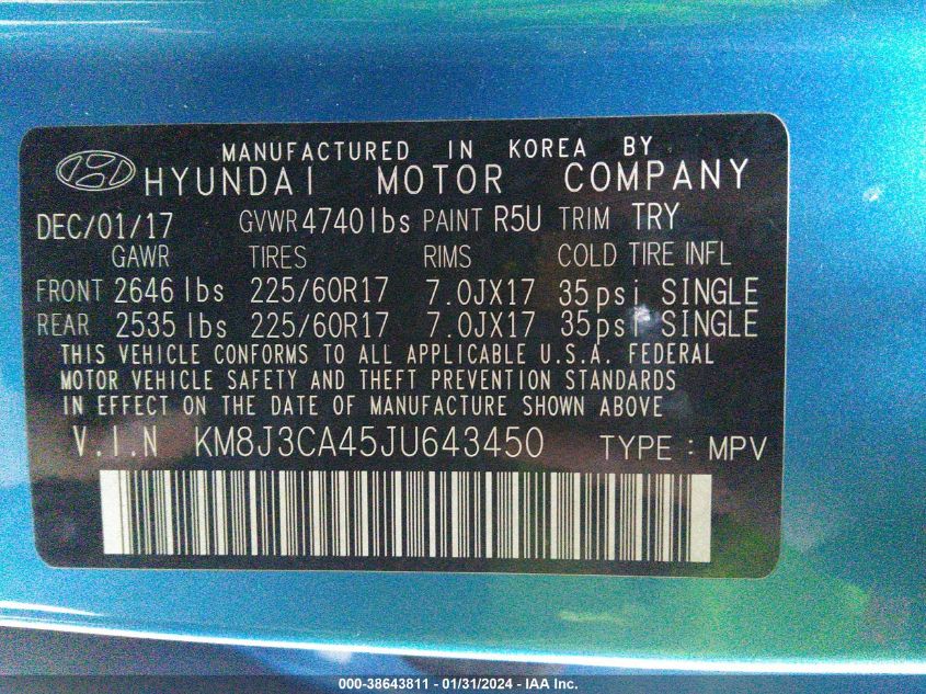 2018 HYUNDAI TUCSON LIMITED/SPORT AND ECO/SE - KM8J3CA45JU643450