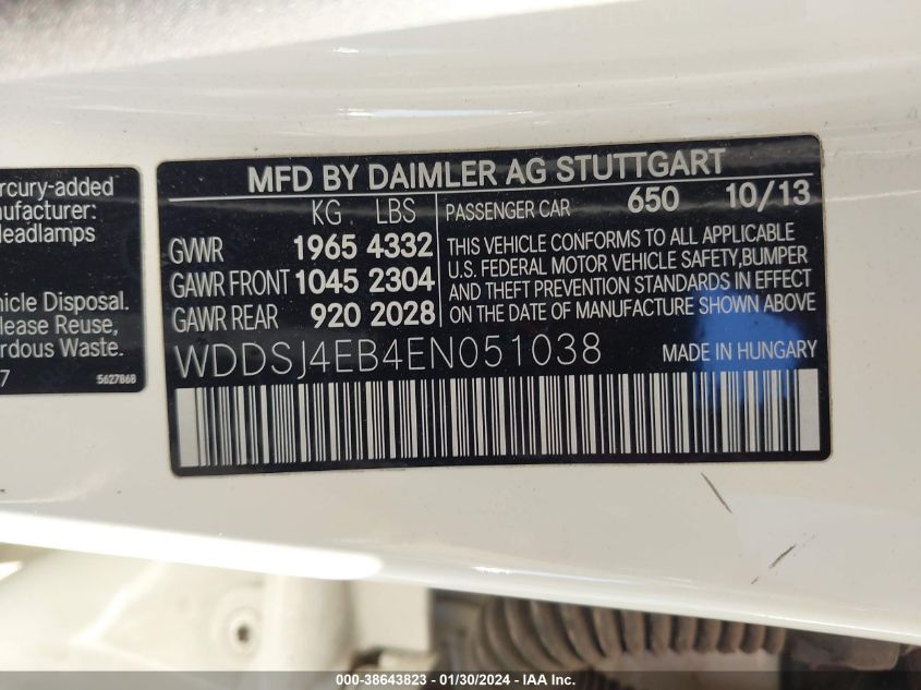 2014 MERCEDES-BENZ CLA 250 WDDSJ4EB4EN051038