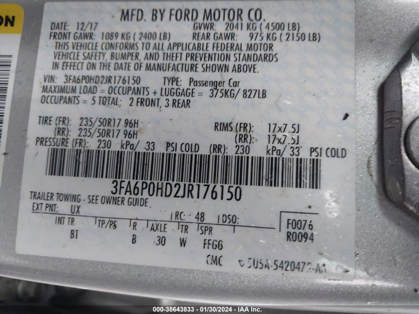 2018 FORD FUSION SE - 3FA6P0HD2JR176150