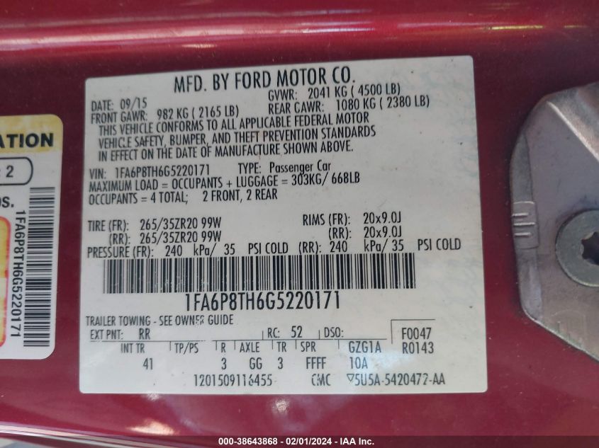 2016 FORD MUSTANG ECOBOOST - 1FA6P8TH6G5220171