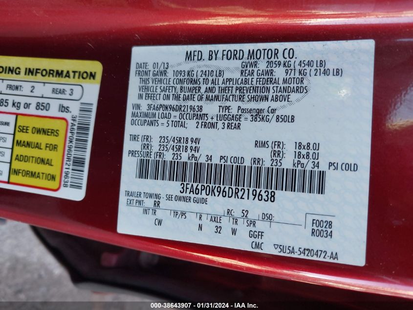 2013 FORD FUSION TITANIUM - 3FA6P0K96DR219638