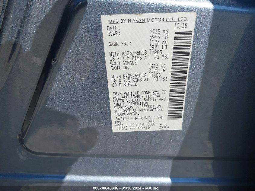 2019 INFINITI QX60 LUXE/PURE - 5N1DL0MN4KC524134