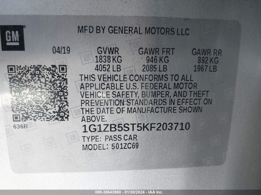 2019 CHEVROLET MALIBU 1LS - 1G1ZB5ST5KF203710