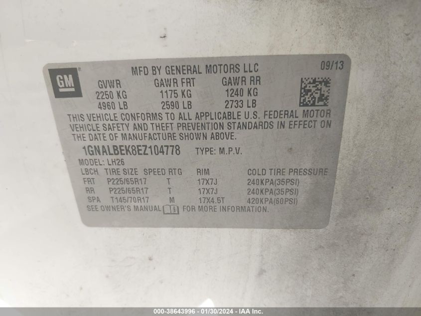 2014 CHEVROLET EQUINOX 1LT - 1GNALBEK8EZ104778