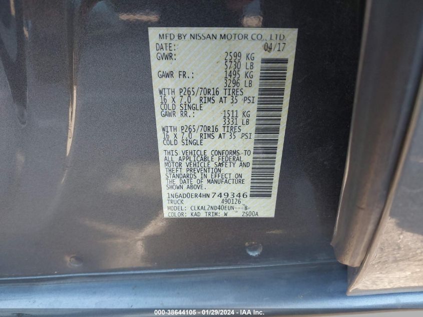 2017 NISSAN FRONTIER SV - 1N6AD0ER4HN749346
