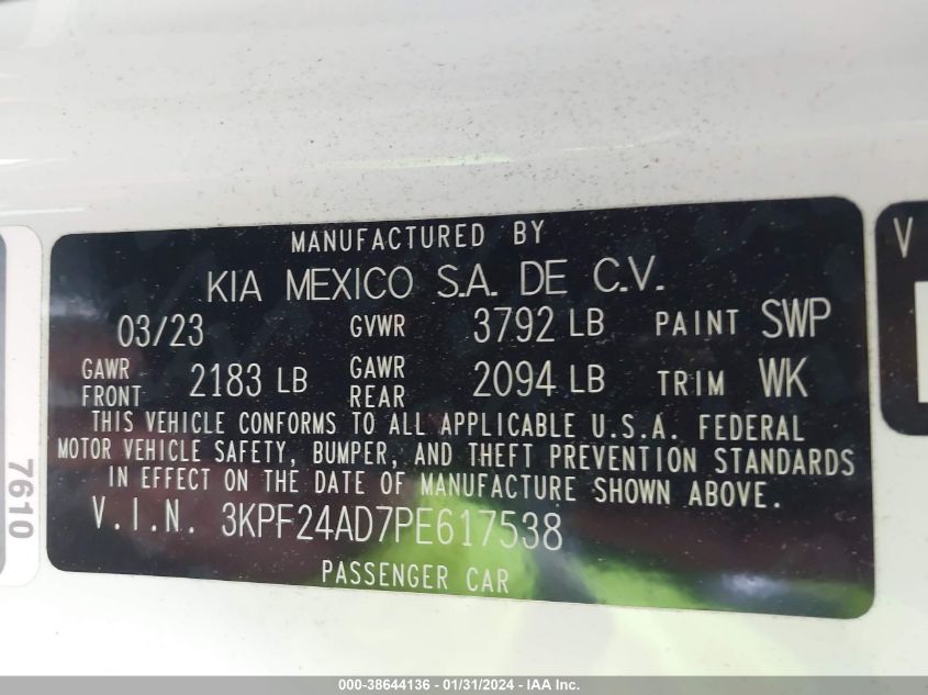 2023 KIA FORTE LX/LXS - 3KPF24AD7PE617538