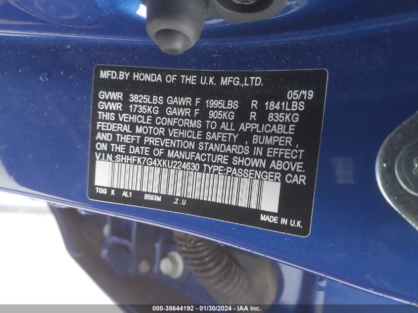 2019 HONDA CIVIC SPORT - SHHFK7G4XKU224630