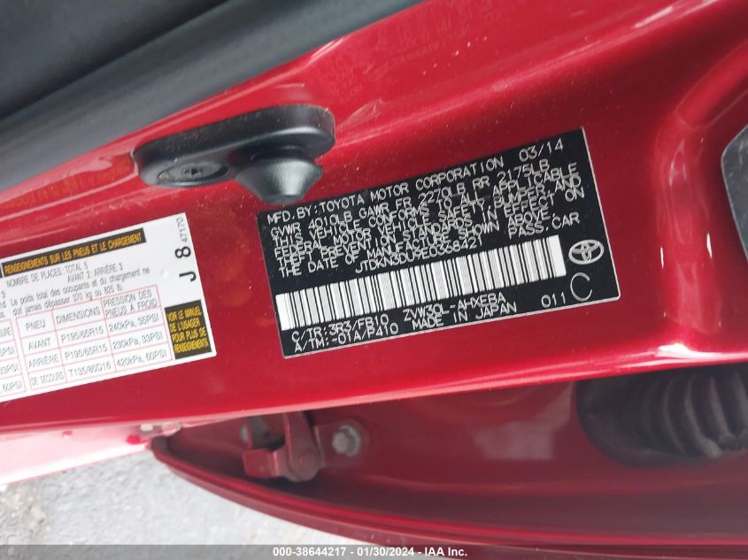 2014 TOYOTA PRIUS THREE - JTDKN3DU9E0368421