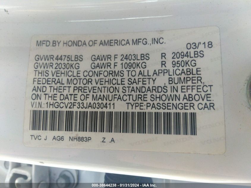 2018 HONDA ACCORD SPORT - 1HGCV2F33JA030411
