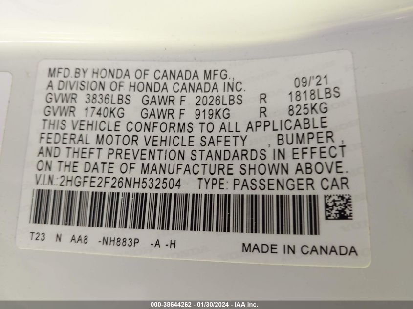 2022 HONDA CIVIC LX - 2HGFE2F26NH532504
