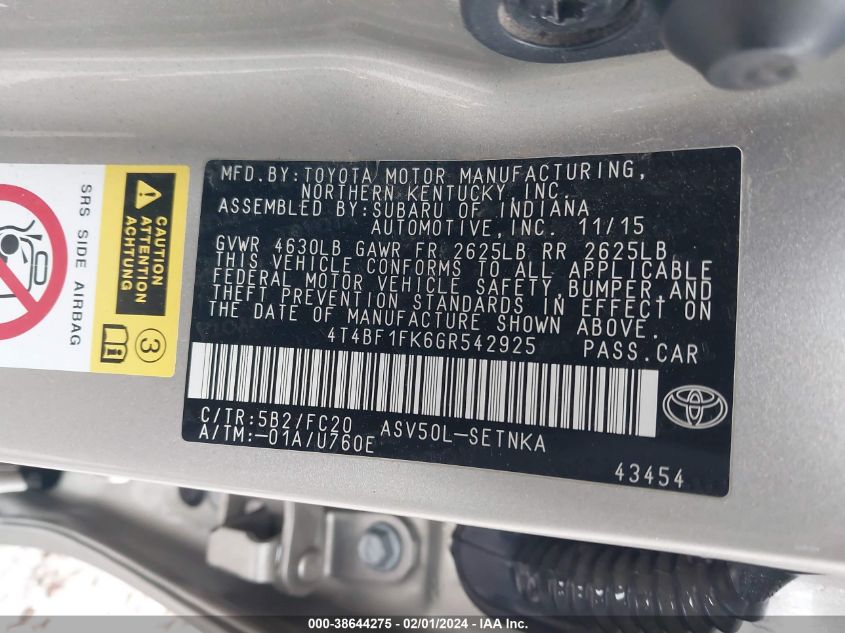 2016 TOYOTA CAMRY LE - 4T4BF1FK6GR542925