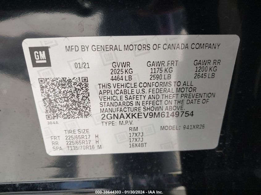 2021 CHEVROLET EQUINOX FWD LT - 2GNAXKEV9M6149754