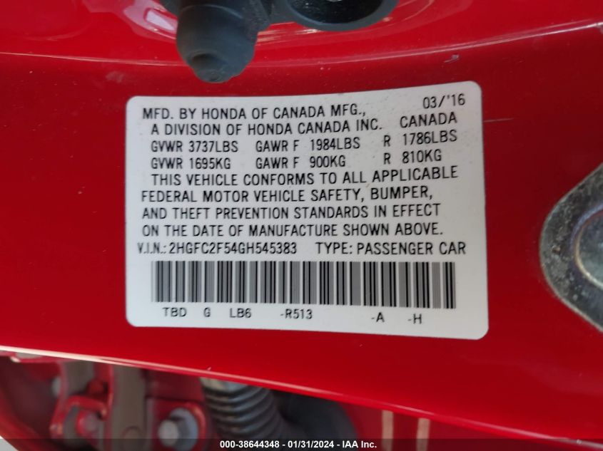 2016 HONDA CIVIC LX - 2HGFC2F54GH545383