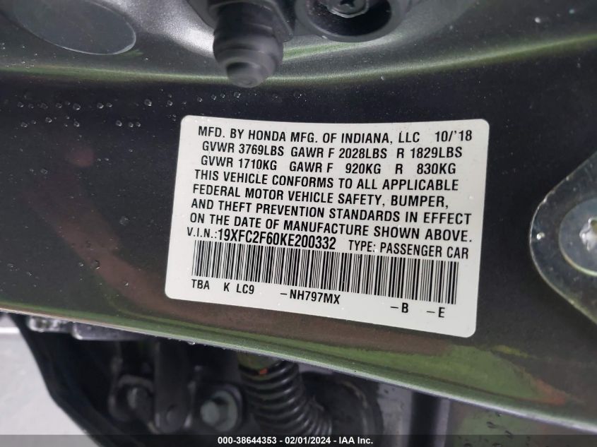 2019 HONDA CIVIC LX - 19XFC2F60KE200332
