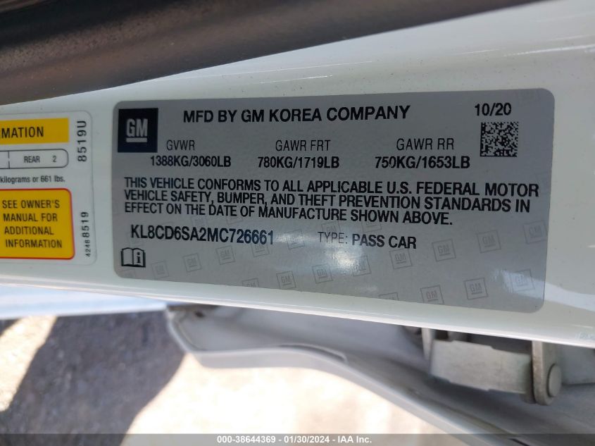 2021 CHEVROLET SPARK FWD 1LT AUTOMATIC - KL8CD6SA2MC726661