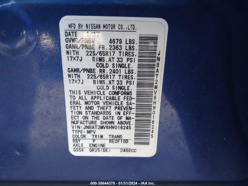 2017 NISSAN ROGUE SV - JN8AT2MV6HW016245