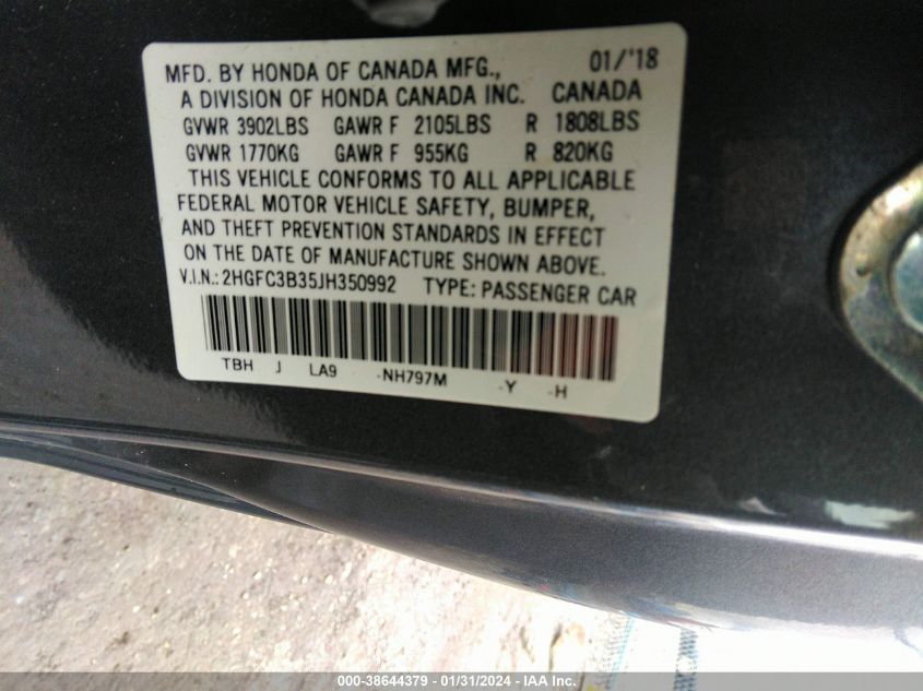 2018 HONDA CIVIC EX - 2HGFC3B35JH350992