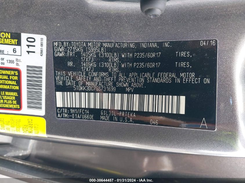 2016 TOYOTA SIENNA LE 8 PASSENGER - 5TDKK3DC7GS731699
