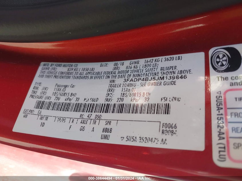 VIN 3FADP4BJ5JM139846 2018 FORD FIESTA SE