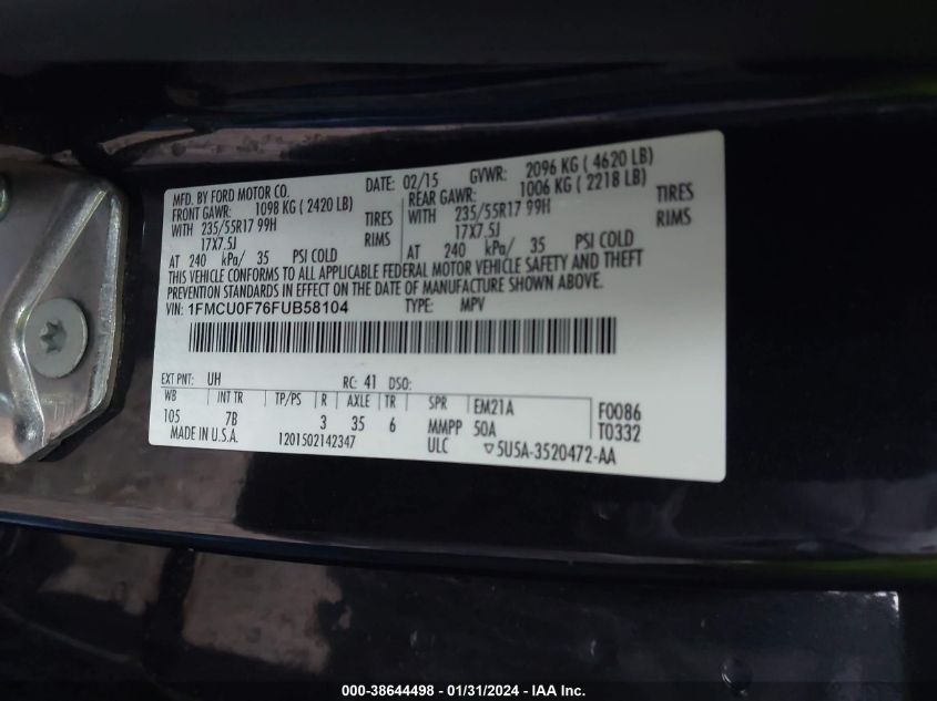 2015 FORD ESCAPE S - 1FMCU0F76FUB58104