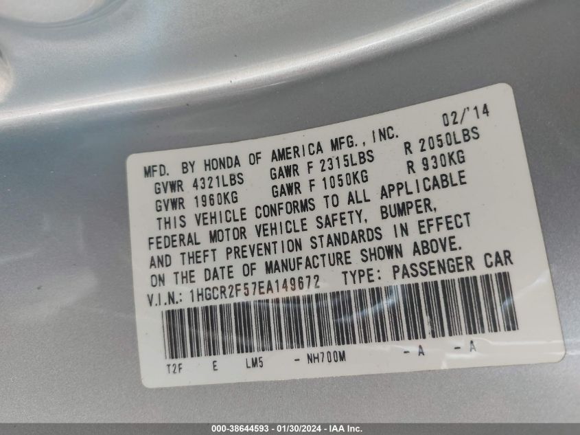 2014 HONDA ACCORD SPORT - 1HGCR2F57EA149672