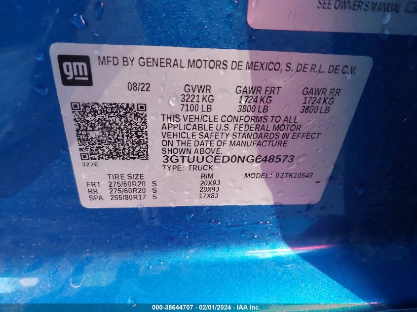 2022 GMC SIERRA 1500 4WD  SHORT BOX ELEVATION WITH 3SB - 3GTUUCED0NG648573