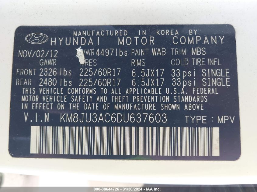 2013 HYUNDAI TUCSON GLS - KM8JU3AC6DU637603