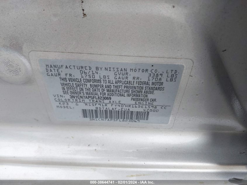 2015 NISSAN VERSA S/S PLUS/SV/SL - 3N1CN7AP5FL823069