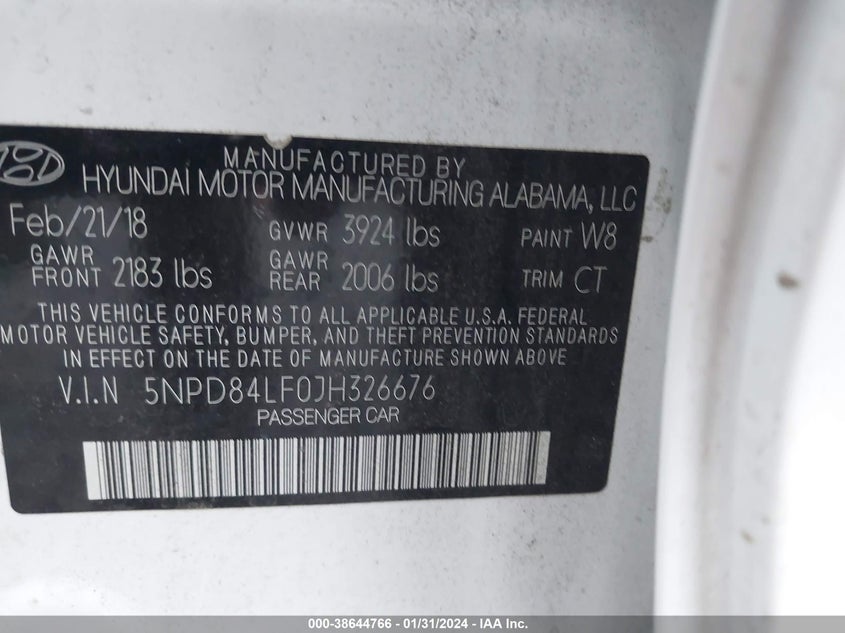 VIN 5NPD84LF0JH326676 2018 HYUNDAI ELANTRA SEL